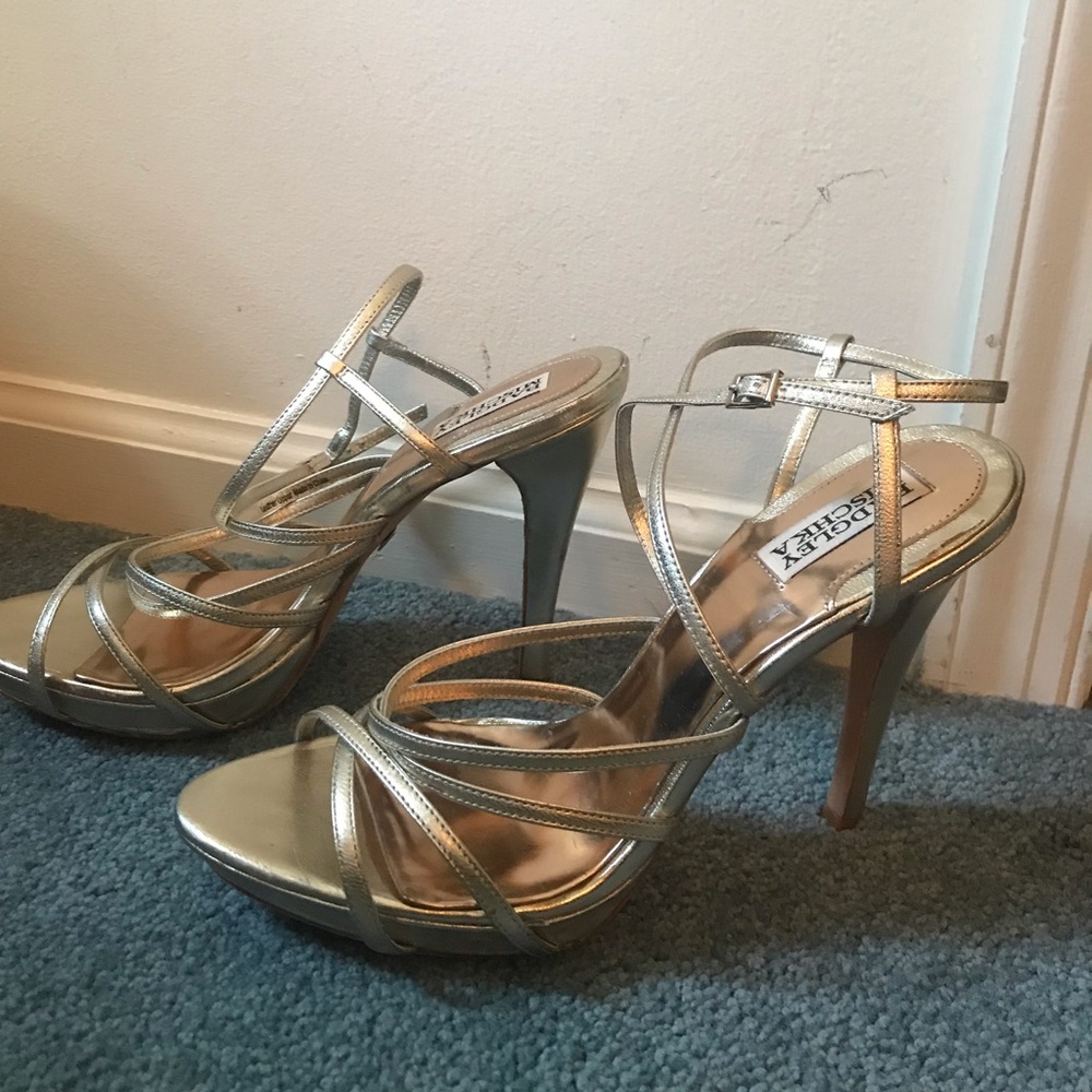 Badgley Mischka Collection gold strapped heels